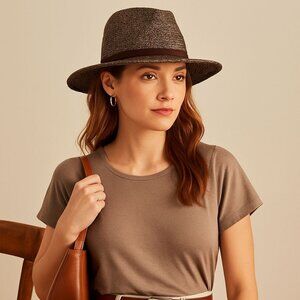 Brown Woven Fedora Hat Wide Brim Straw Hat Leather Band Rustic Chic Fall Fashion